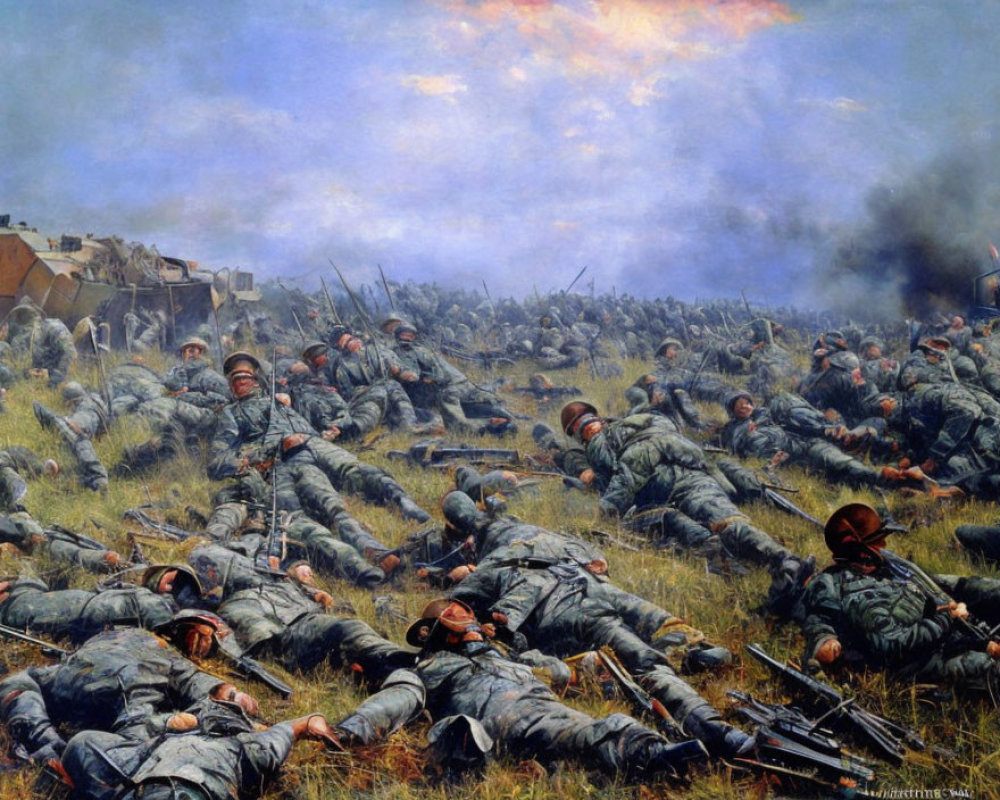 Historical Battle Scene Painting with Soldiers, Rifles, Smoke, and Cloudy Sky