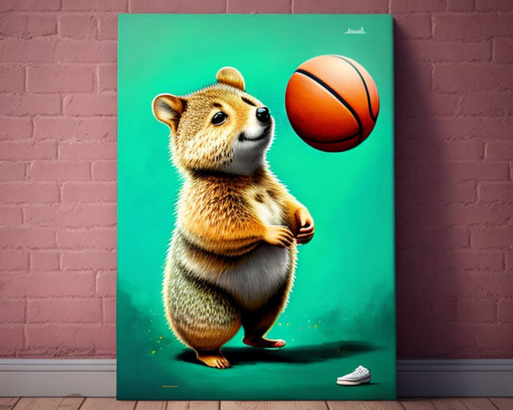Cartoon quokka with basketball on green backdrop and pink brick wall