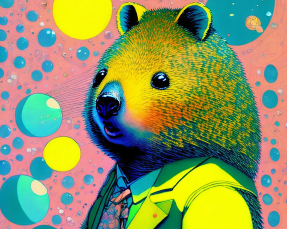 Colorful Stylized Bear in Yellow Suit on Abstract Cosmic Background