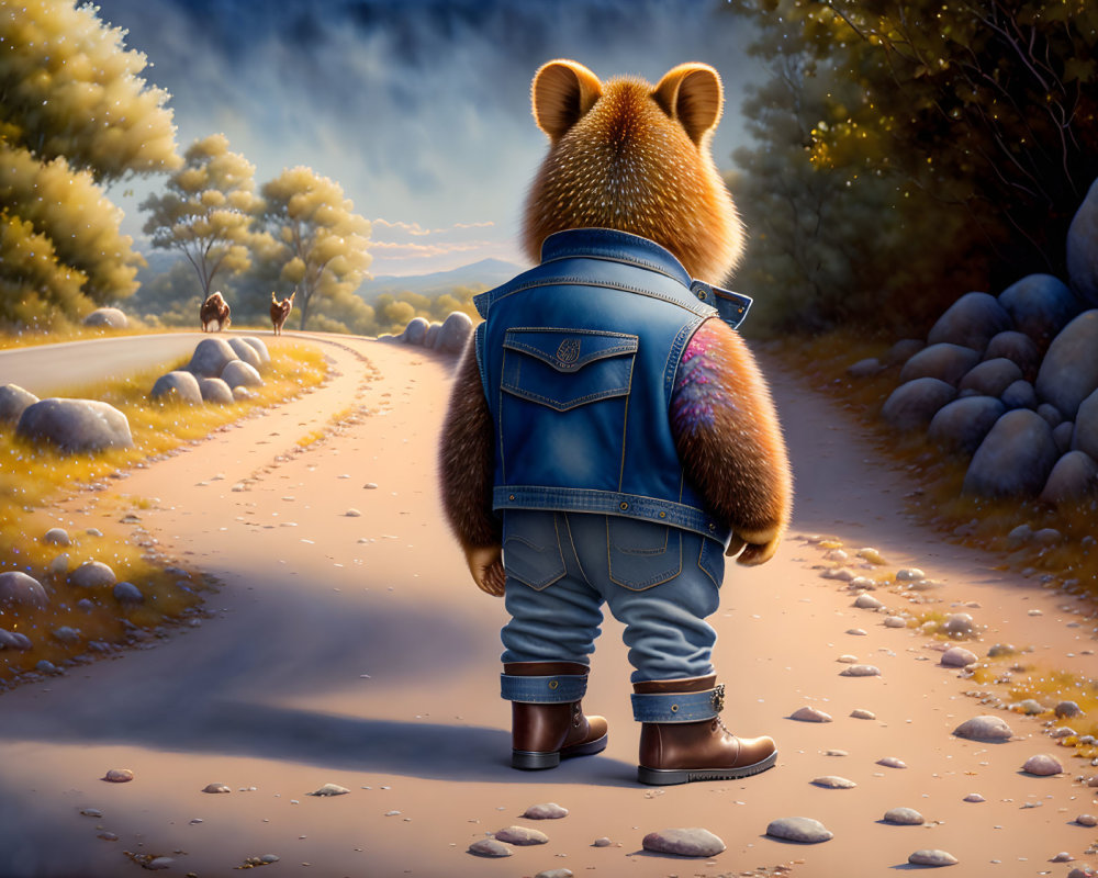 Anthropomorphic bear in denim jacket and boots on road gazes at deer in mystical forest