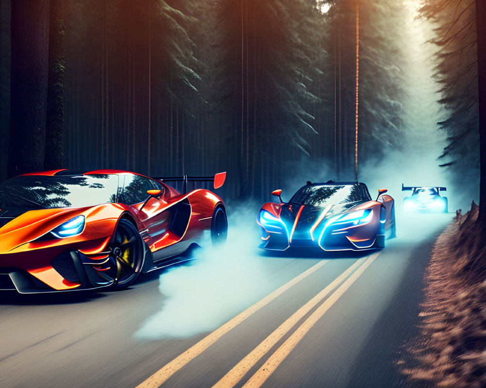 Vibrant sports cars racing on forest road with smoke, high-speed chase in serene environment