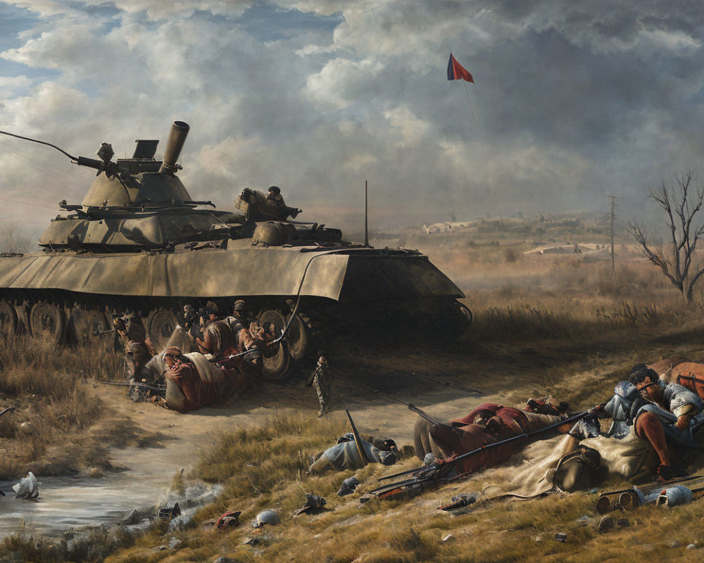 Realistic painting of soldiers resting near tank on battlefield