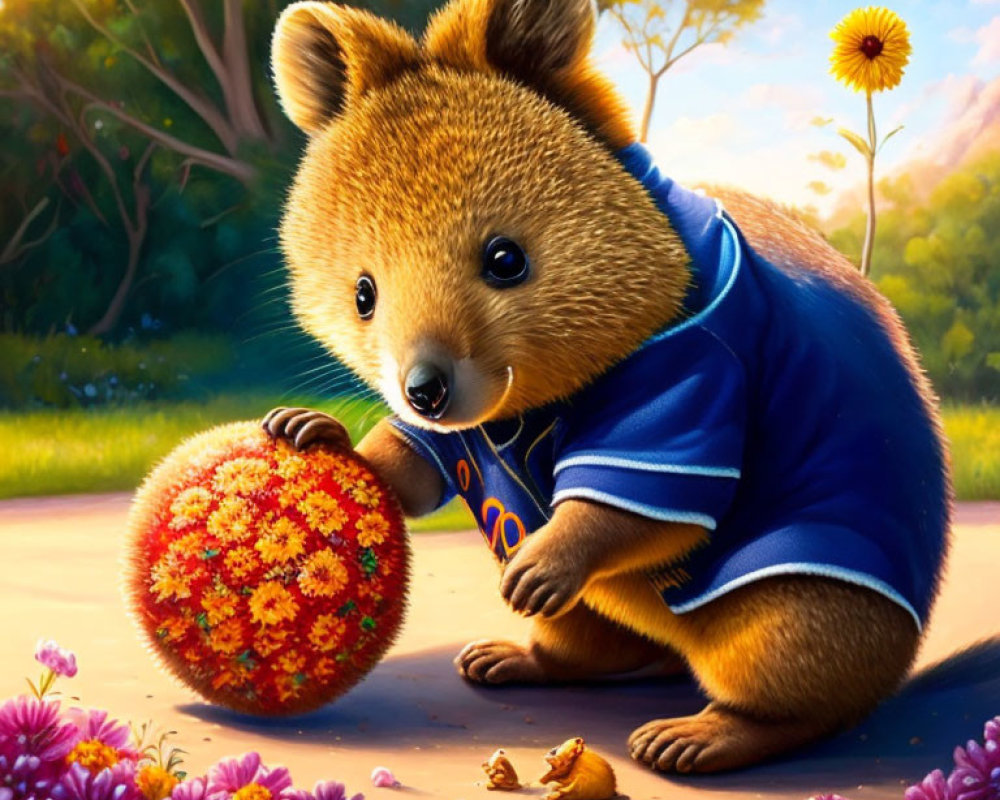 Animated Quokka in Blue Shirt with Orange Flower Ball on Grass