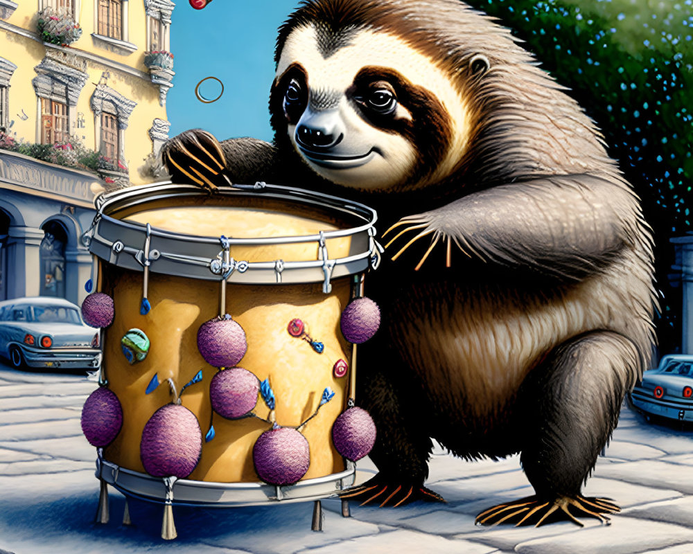 Anthropomorphic sloth playing drum on cobblestone street
