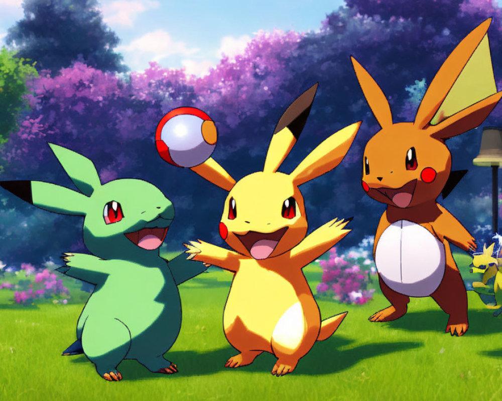 Three Pokémon in sunny field with flowers and trees, Pikachu holding Poké Ball