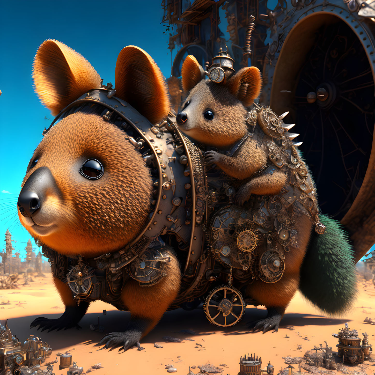 Mechanical squirrel with intricate gears and futuristic backdrop.