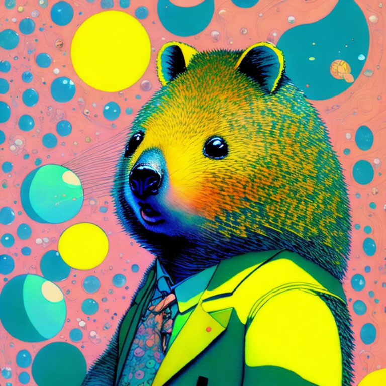 Colorful Stylized Bear in Yellow Suit on Abstract Cosmic Background