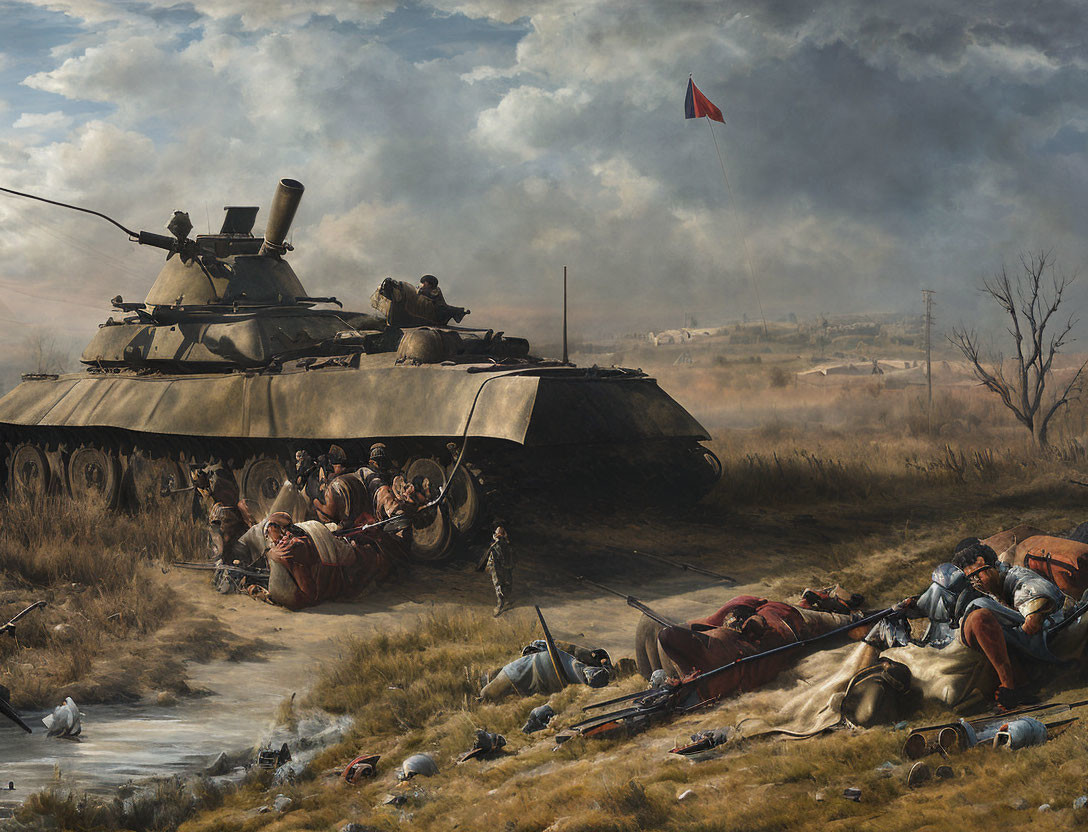 Realistic painting of soldiers resting near tank on battlefield