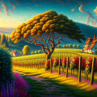 Colorful Sunset Landscape with Tree, Vineyards, Path, and House