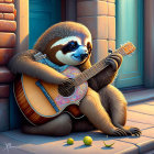 Illustrated sloth playing guitar with bandana on sunny doorstep.
