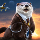 Anthropomorphic otter in suit and glasses with briefcase under sunset sky