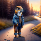 Golden-lit forest scene with anthropomorphic otter in leather jacket