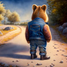 Anthropomorphic bear in denim jacket and boots on road gazes at deer in mystical forest