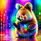 Colorful Digital Artwork: Teddy Bear Creature in Raindrop Scene