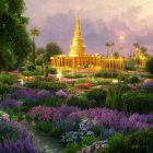 Golden pagoda, lush gardens, tranquil ponds in idyllic landscape