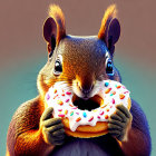 Digitally created squirrel with expressive eyes holding a doughnut on gradient background