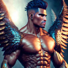 Muscular male figure with wings and blue stripe, featuring a unique beard