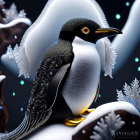 Stylized ornate penguin with jeweled textures on dark background with white flowers