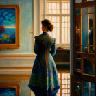 Woman in Floral Dress Admiring Paintings in Sunlit Room