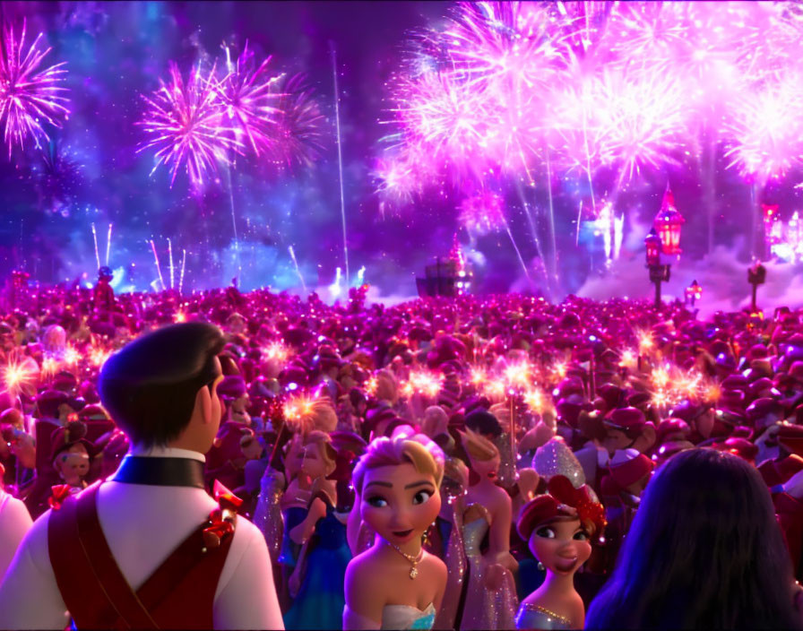 Animated characters enjoy grand fireworks display over festive crowd.