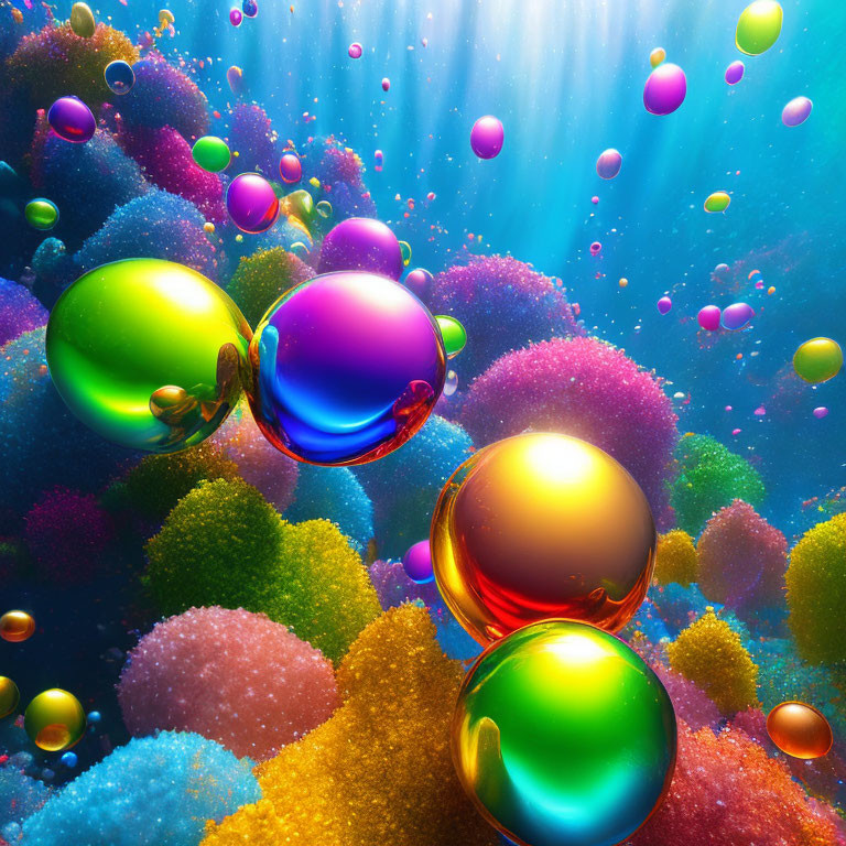 Colorful Bubble Art Floating Above Coral Sea Bed