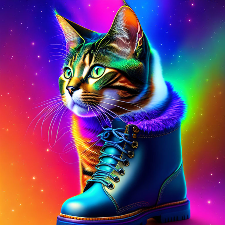 Colorful Cat Illustration Emerges from Boot on Cosmic Background