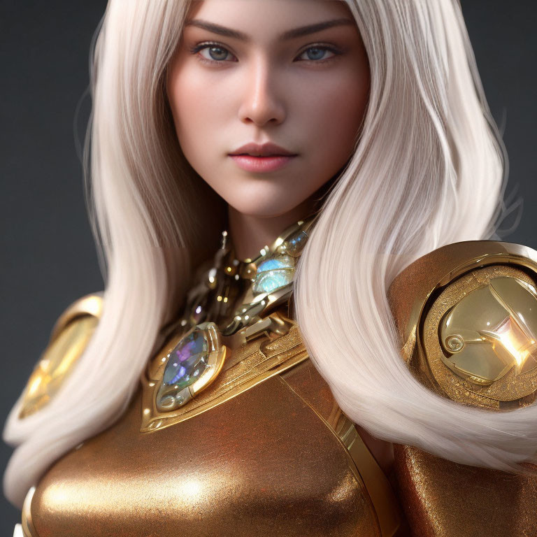 3D-rendered female character with platinum blonde hair and golden armor
