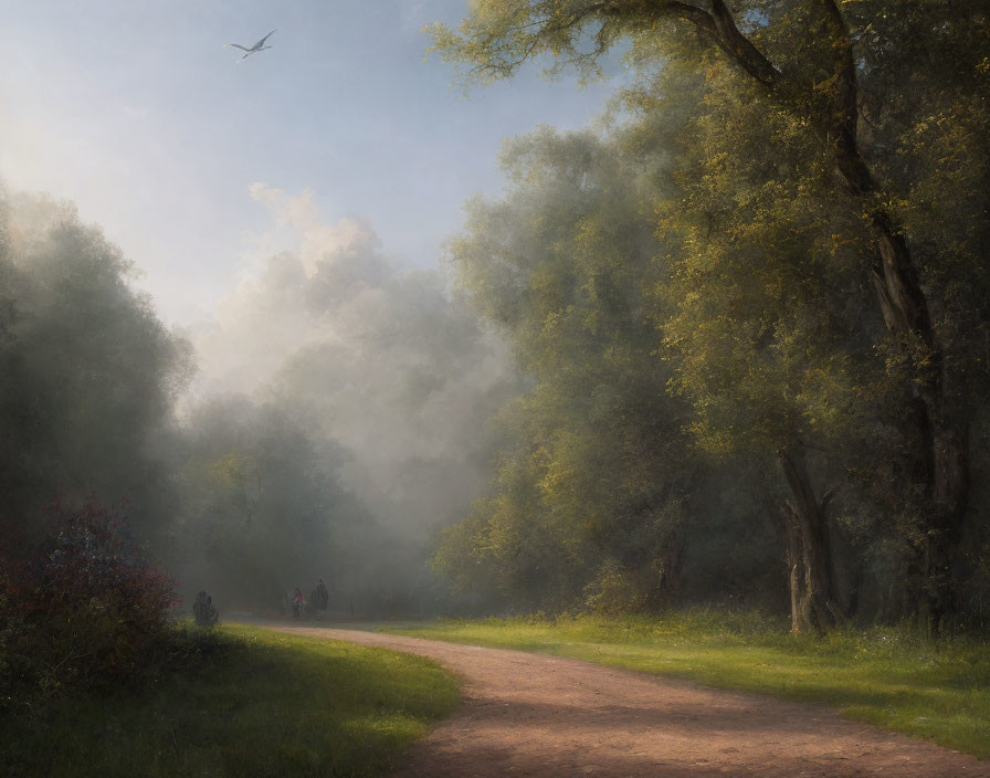 Tranquil forest path with lush trees and morning mist