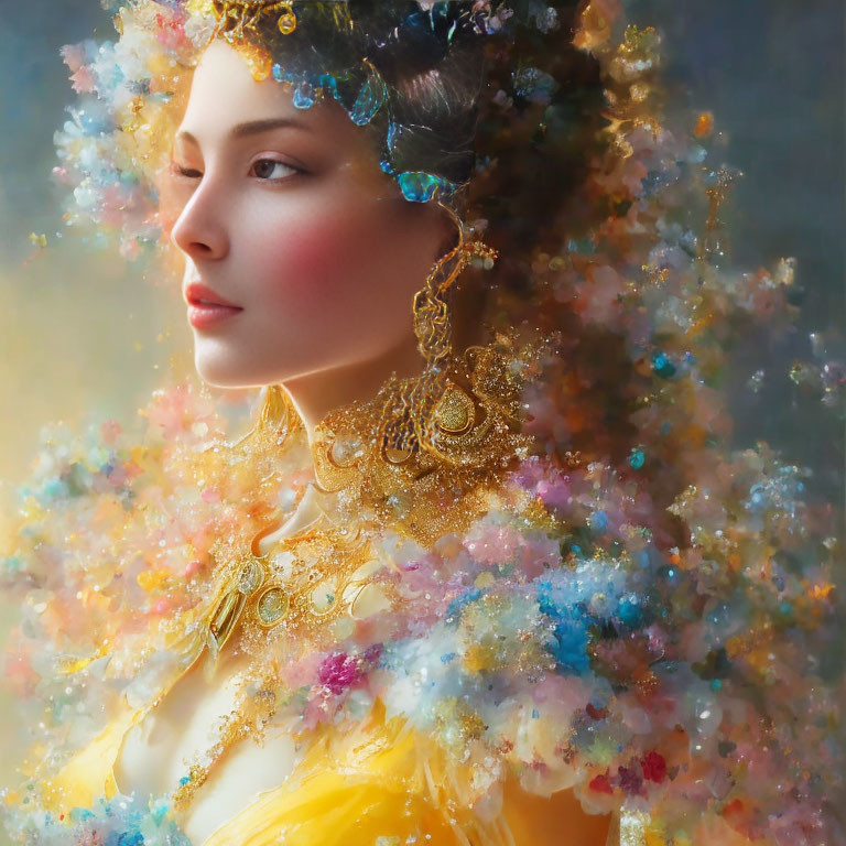 Woman with floral headpiece and gold jewelry on multicolored backdrop