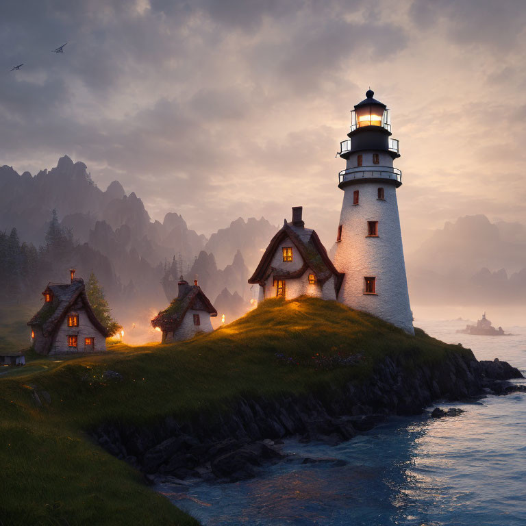 Tranquil sunset landscape with lighthouse, cliff, and cozy houses