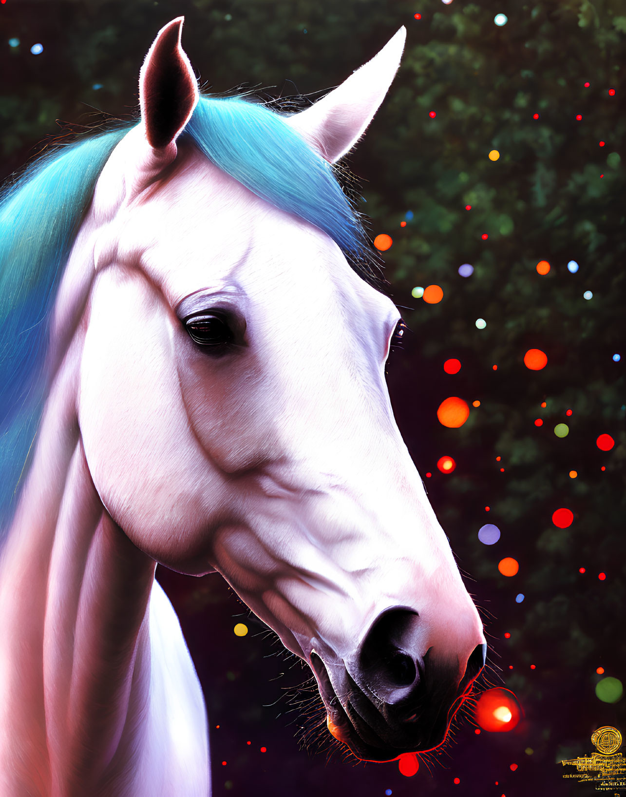 White Horse with Blue Mane in Dark Background with Colorful Bokeh Lights