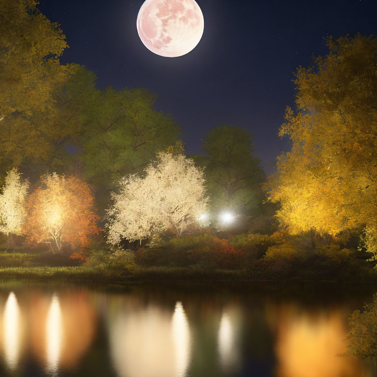 Tranquil full moon night scene over lake with autumn trees
