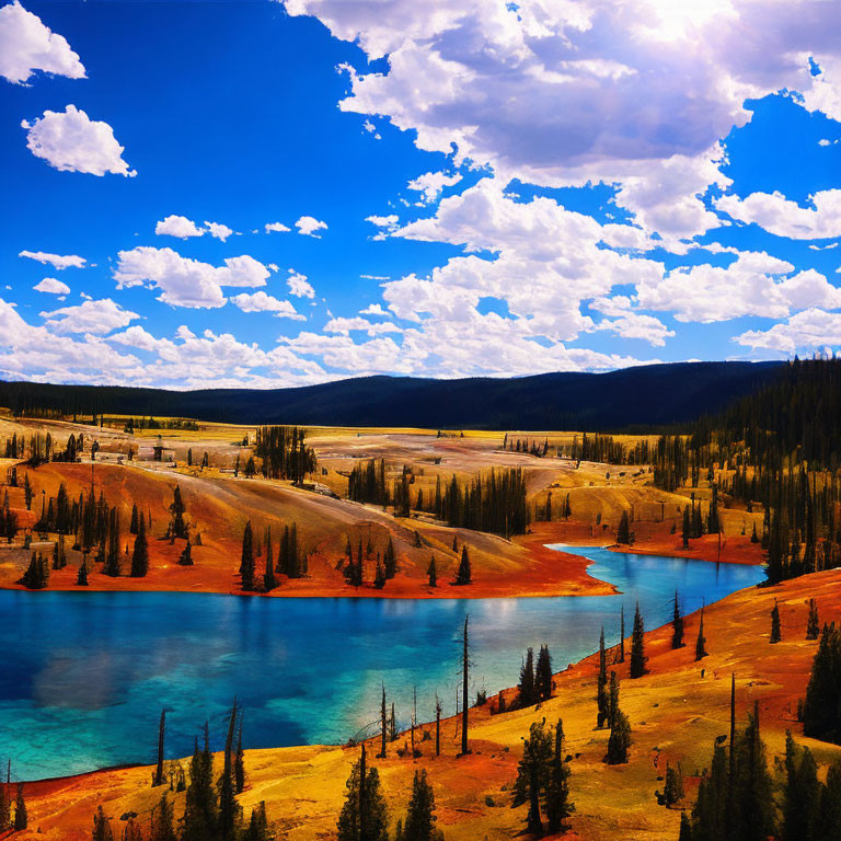 Scenic blue lake with red algae shores and evergreen trees in meadow landscape
