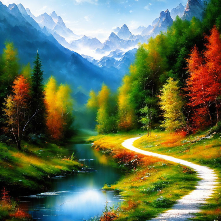 Scenic landscape painting with winding river path, autumn trees, mountains
