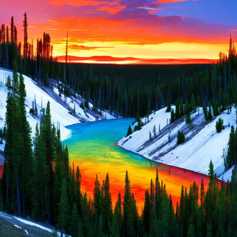 Colorful sunset reflected on snowy river bend