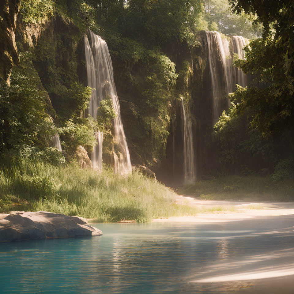 Tranquil waterfall scene with lush greenery and sunbeams