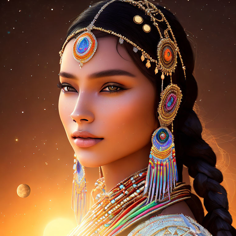 Digital portrait of woman in bejeweled headgear & traditional attire against sunset backdrop with planet in