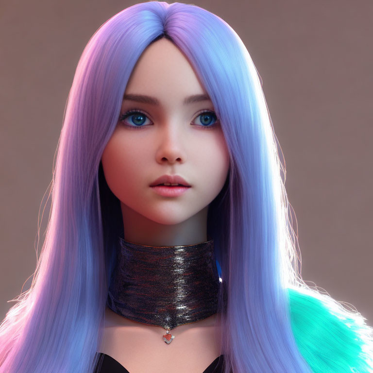 3D-rendered female character with blue eyes, gradient hair, and choker