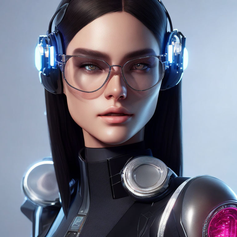 Digital Artwork: Female Character with Black Hair, Modern Glasses, Advanced Headphones, Futuristic Coll
