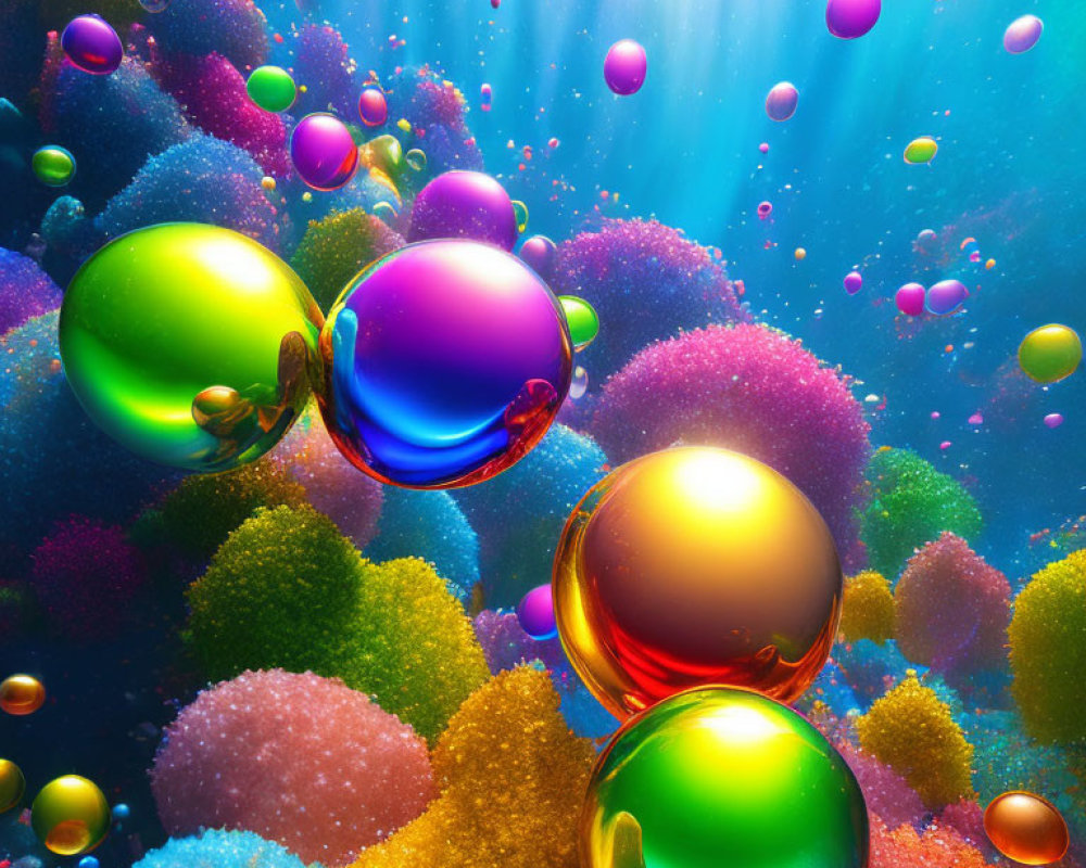 Colorful Bubble Art Floating Above Coral Sea Bed