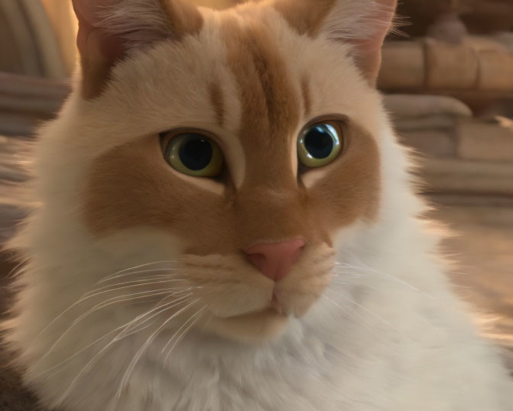 3D animated cat with white and brown fur and green eyes