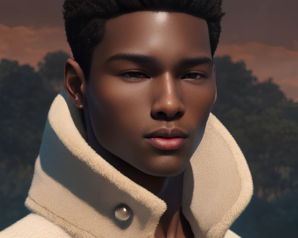 Man with High-Top Fade in Beige Jacket Serene Portrait at Dusk