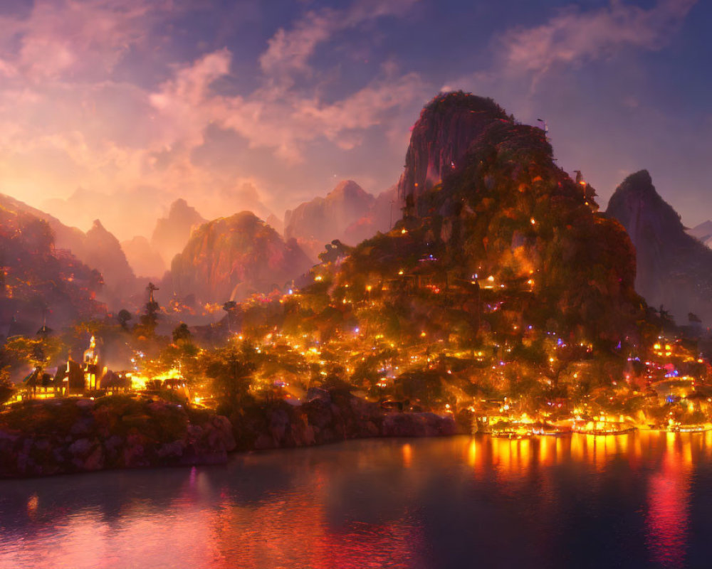 Scenic sunset over mystical lakeside town amid lush mountains