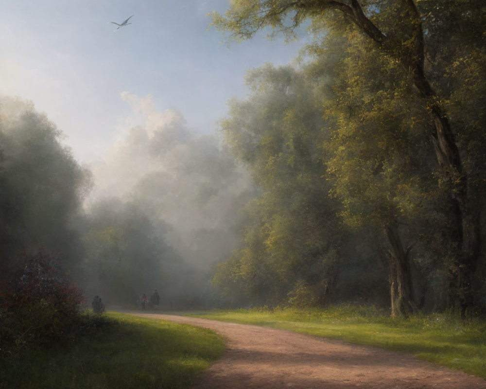 Tranquil forest path with lush trees and morning mist