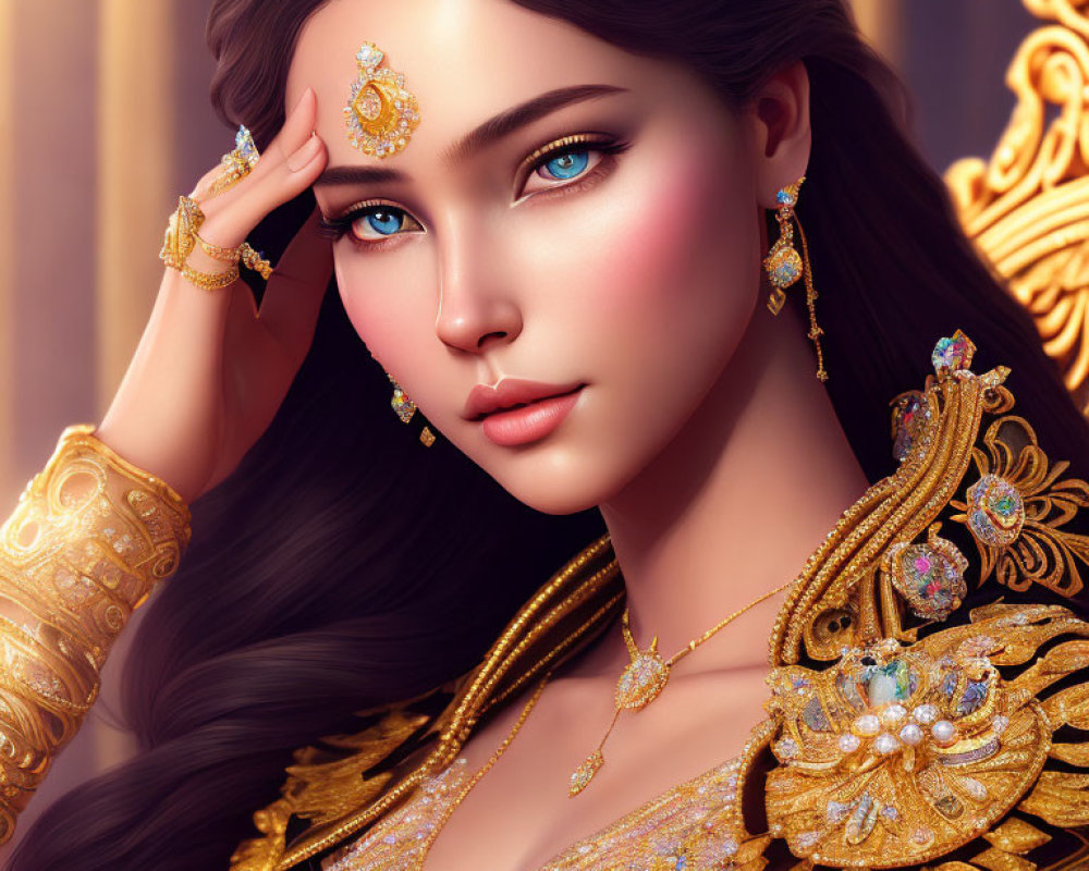 Regal woman digital illustration with gold jewelry and crown