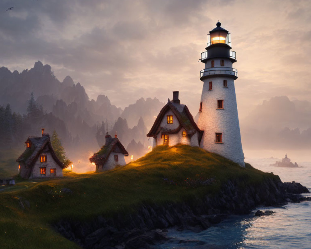 Tranquil sunset landscape with lighthouse, cliff, and cozy houses