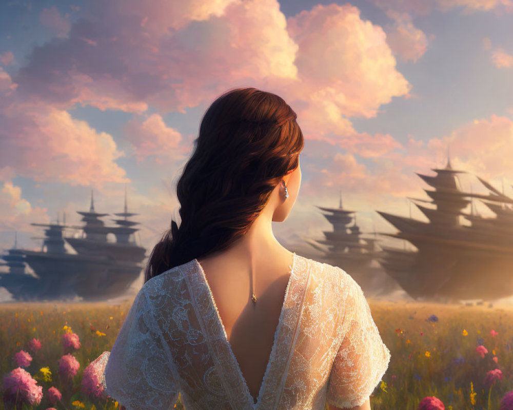 Braided hairstyle woman gazes at sailing ships in pink flower field