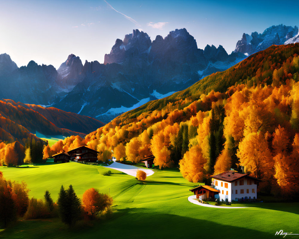 Autumn Landscape with Colorful Trees, Valley, Mountains, and Houses