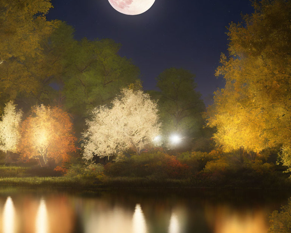Tranquil full moon night scene over lake with autumn trees
