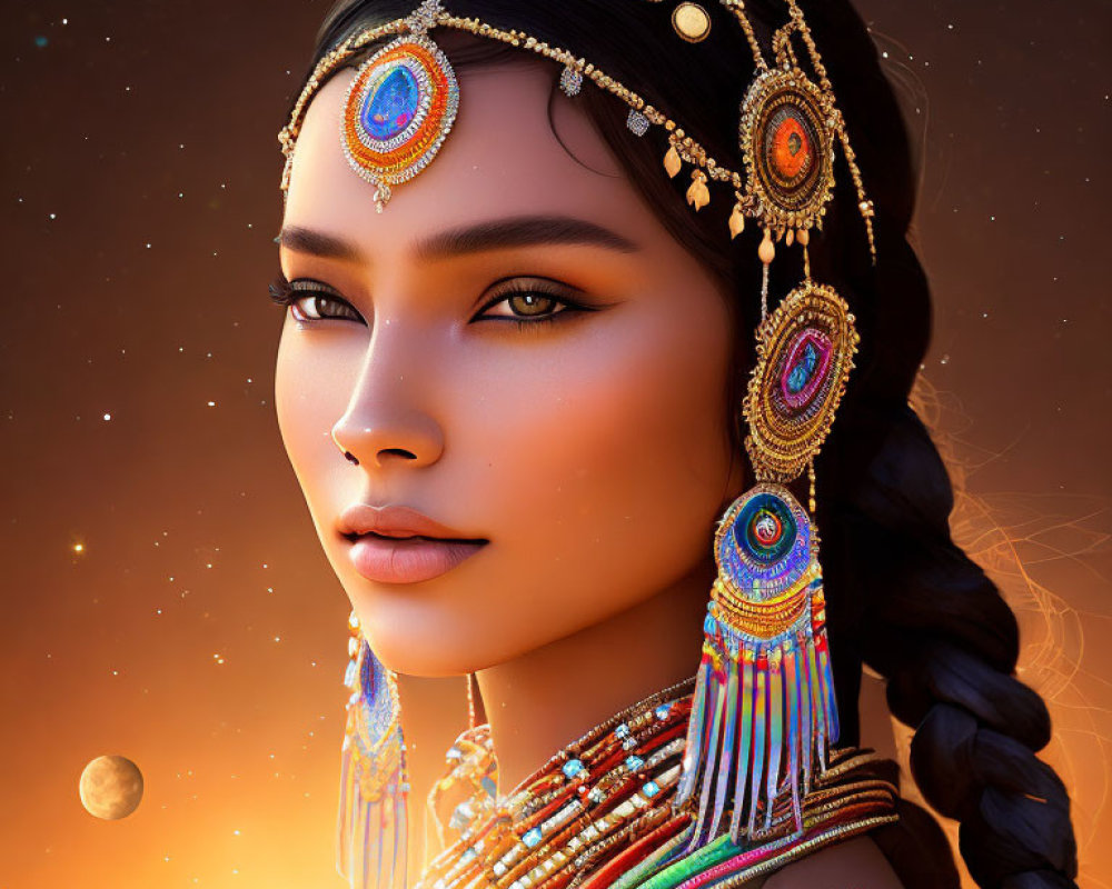 Digital portrait of woman in bejeweled headgear & traditional attire against sunset backdrop with planet in